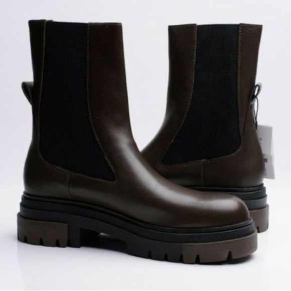 Zara Womens Chelsea Khaki Leather Ankle Boots Lug Soles múltiple size. - Picture 9 of 9